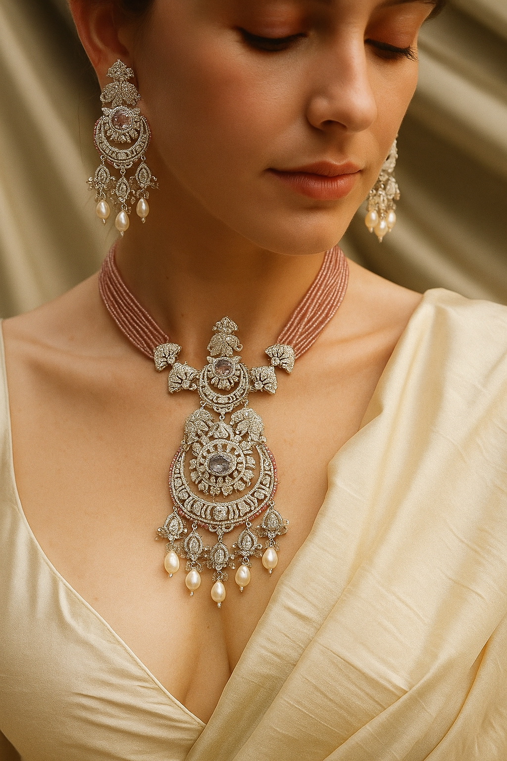 Pink Beads & Diamond Look Elephant Design Necklace Set – Heavy Bridal Jewellery